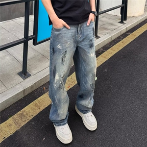 美式潮牌做旧扎染牛仔裤男款夏季高街痞帅筒阔腿长裤A2127-P52图片