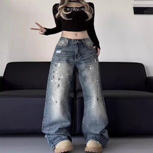 美式复古cleanfit泼墨牛仔裤男女潮宽松直筒阔腿欧美休闲拖地裤子