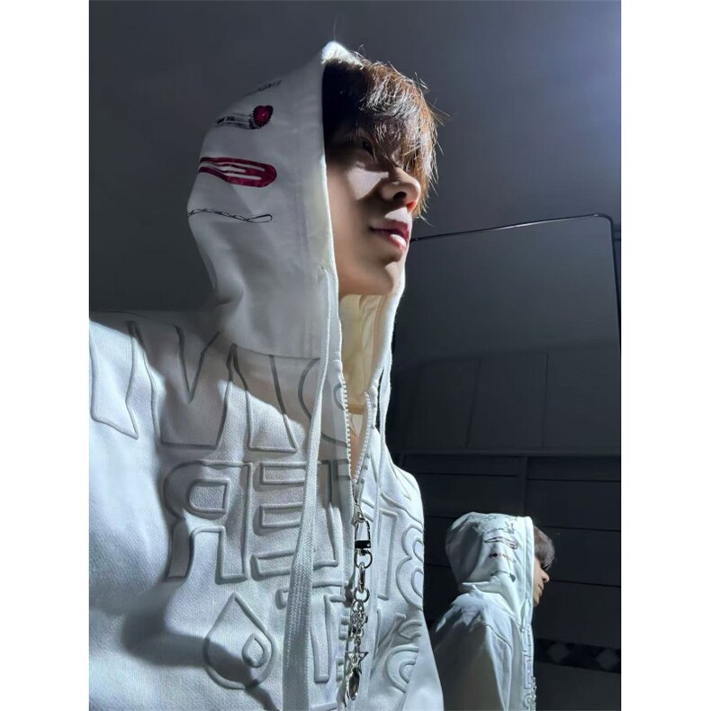 ins风印花字母开衫连帽卫衣男女2025秋宽松发夹印花通勤休闲外套，女装短外套，星座601-1