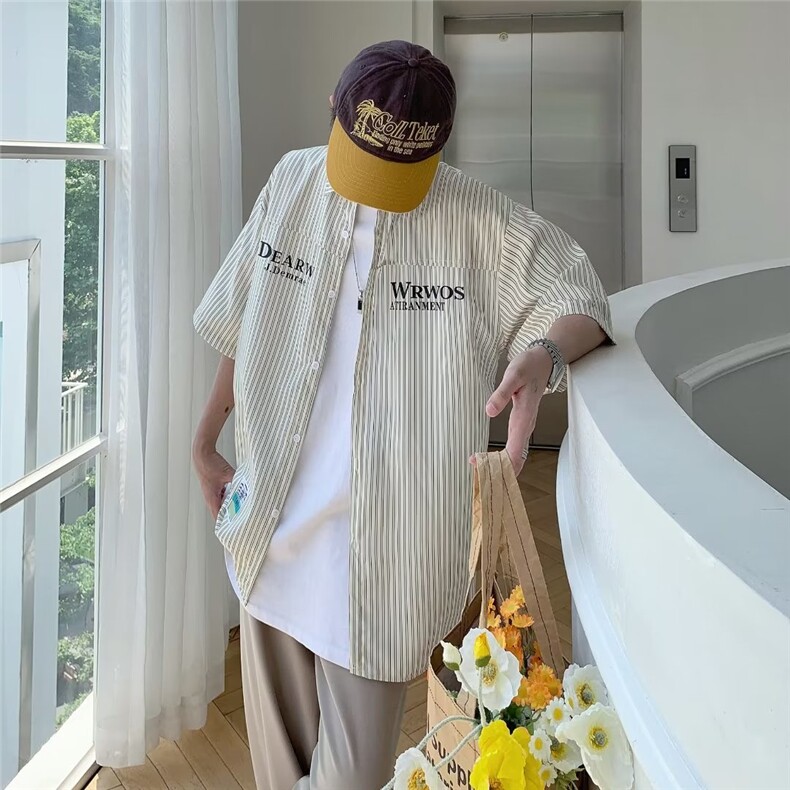 条纹短袖衬衫男夏季潮牌高级感痞帅衬衣外套宽松大码五分袖上衣服,男装衬衫,星座1013