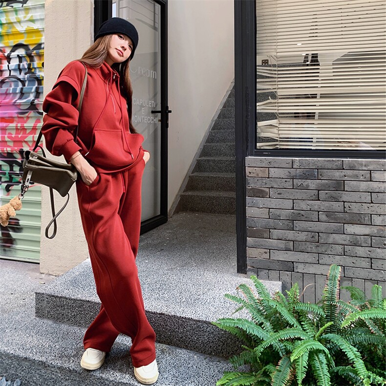 韩系慵懒chic红色休闲运动套装女2025春秋新款卫衣阔腿长裤两件套,女装套装/套裙,2C317A