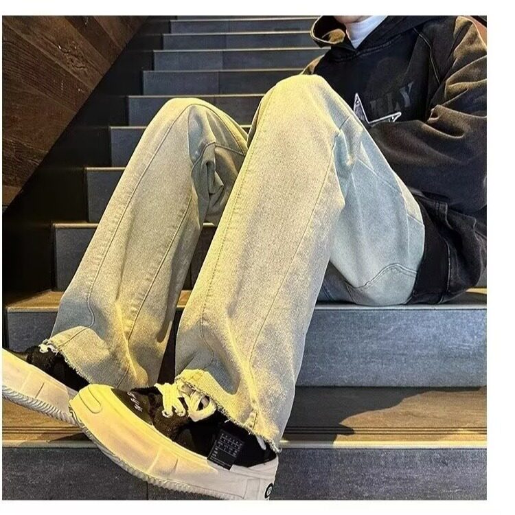 春秋新款潮牌欧美街头水洗做旧牛仔裤男毛边拼接设计感裤N003/P40,男装牛仔裤,星座506