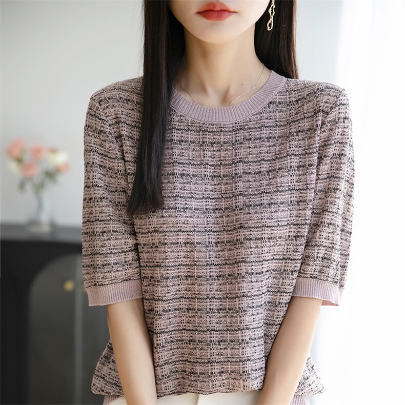 2025新款天丝莱赛尔针织短袖女圆领提花条纹上衣宽松亮丝半袖打底,女装T恤,佳绒包芯纱店