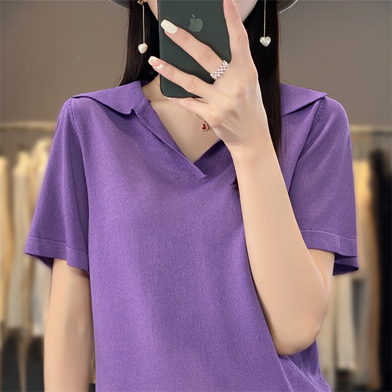 冰丝短袖T恤女2025新款气质时尚减龄针织体恤衫海军领短款薄上衣,女装T恤,思牵羊绒
