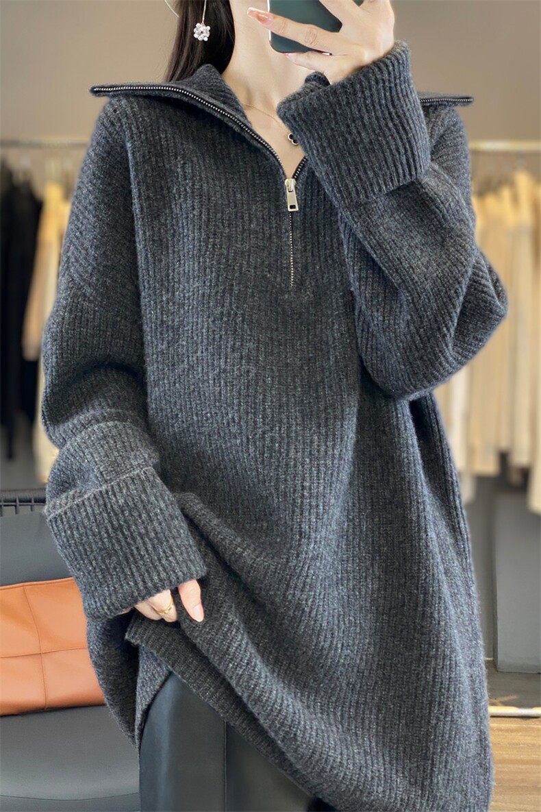 2025秋半拉链加厚羊毛衫女高领中长款宽松针织毛衣羊绒大码上衣,女装羊毛衫,邦太羊绒
