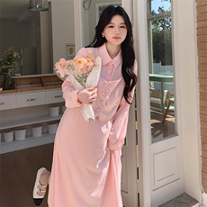 粉色马甲拼接假两件连衣裙女2025春季新款法式温柔风小个子衬衫裙，女装套装/套裙，浙宝305