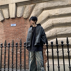 春秋季假两件双拉链设计感连帽棒球夹克外套宽松街头风上衣，男装皮衣，星座1210-1