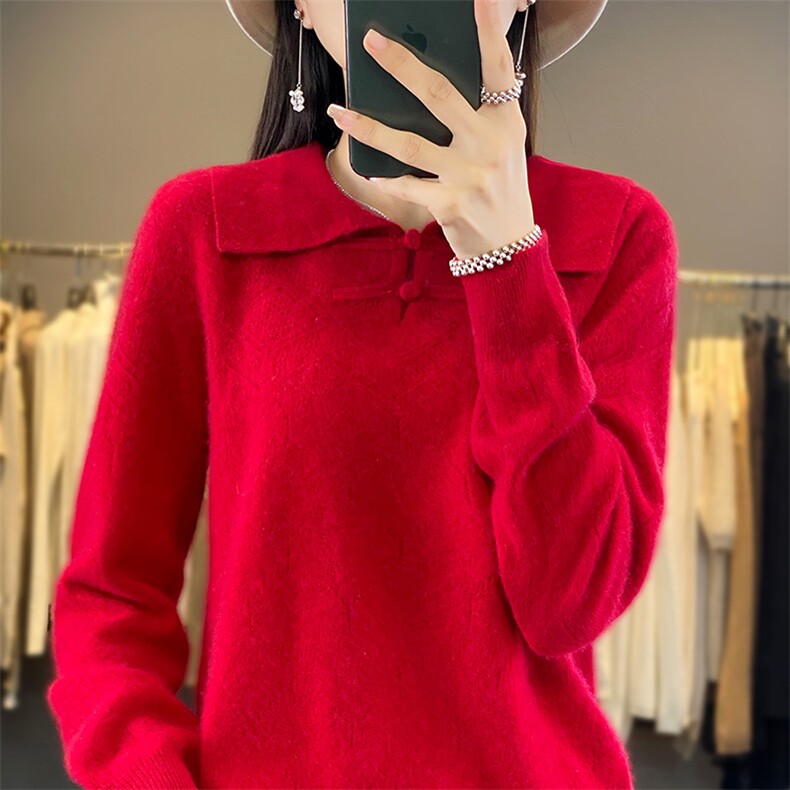 长袖套头纯色2024年秋季翻领简约盘扣显瘦羊毛衫，女装羊毛衫，德晨羊绒