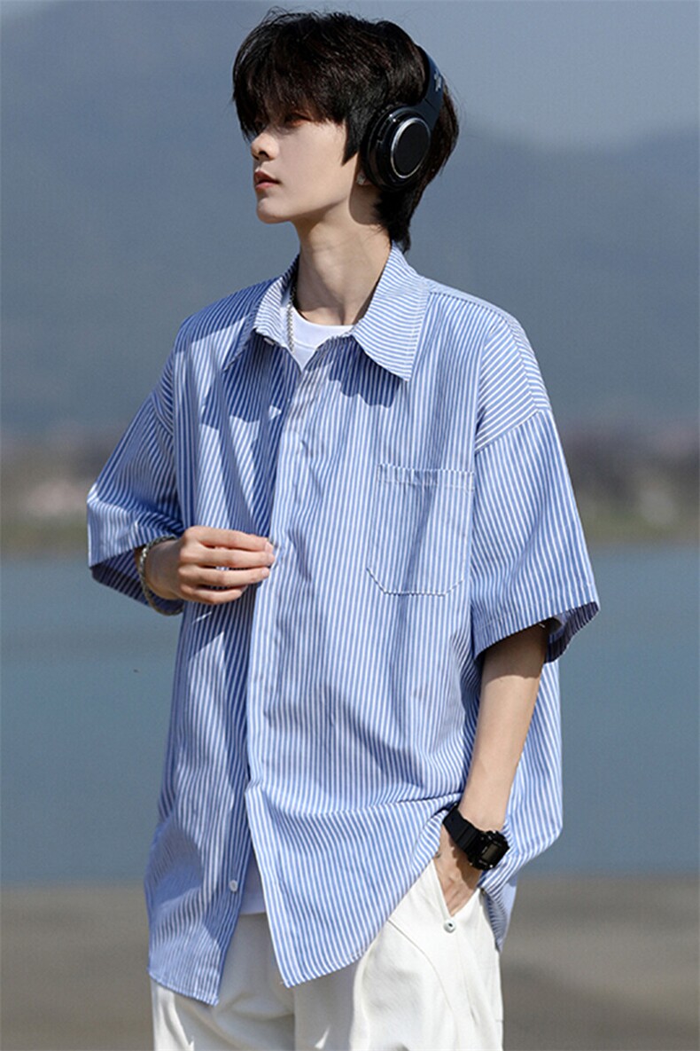 8XL-M条纹短袖衬衫男夏季宽松慵懒风痞帅大码衬衣外套DC28001P40,男装衬衫,电商B312