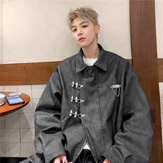 抖音控价148大码粉色皮衣男铁扣链子设计情侣夹克男77083P105，男装夹克，星座227-7
