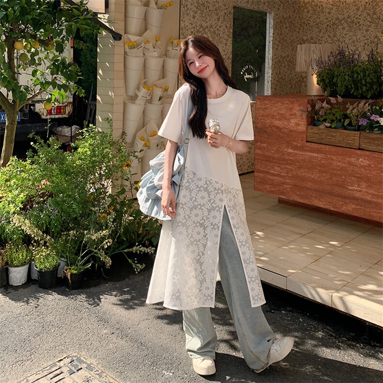 蕾丝拼接白色不规则T恤连衣裙女夏2025新款爆款流行巨好看超火,女装连衣裙,2C123