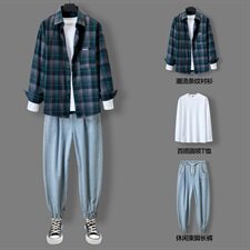 男士休闲套装春秋季运动痞帅衬衫搭配2021新款三件套DF161T，男装衬衫，电商A102