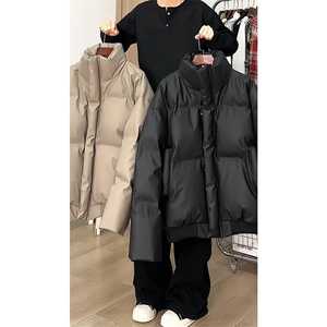 现货5W件冬季三防重磅硬挺boxy短款羽绒立领PU皮棉衣外套加厚棉服图片