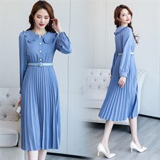 百褶连衣裙纯色通勤高腰套头A字裙长袖淑女2021年春季，女装连衣裙，铭街依杨