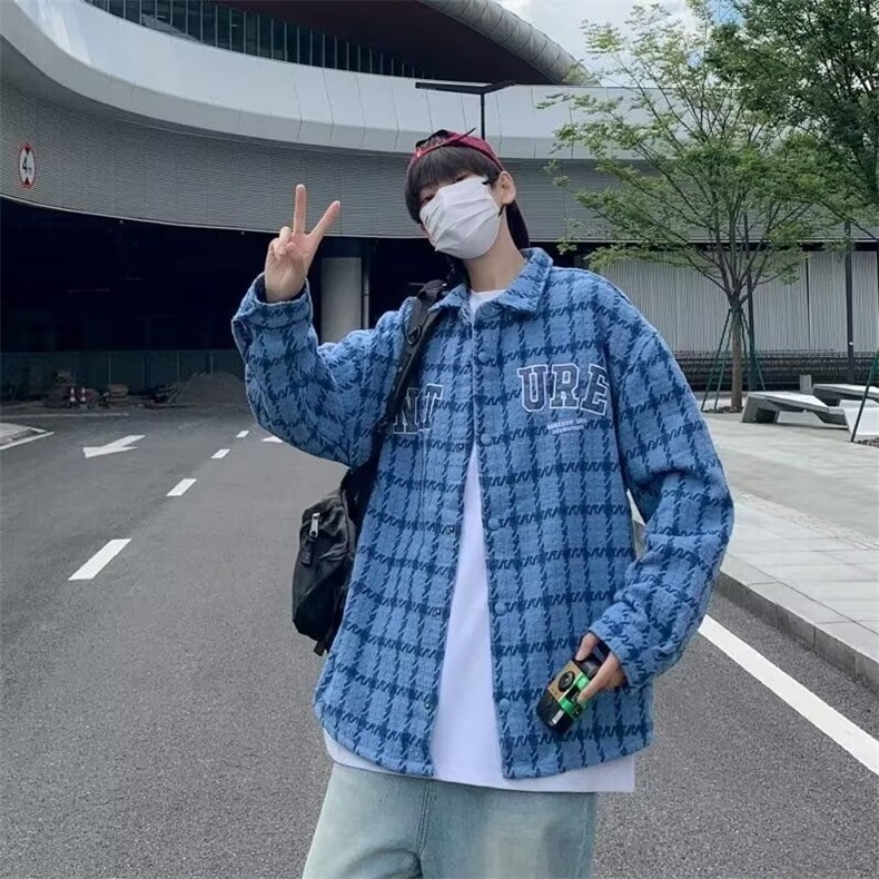 秋冬新款休闲外套男潮牌百搭格子夹克男穿搭宽松上衣服W6121-P50,男装夹克,星座412-3