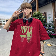 可48小时发货支持抖音得物来样二开美式满天星亮片短袖T恤MTX659，男装T恤，电商A486-1
