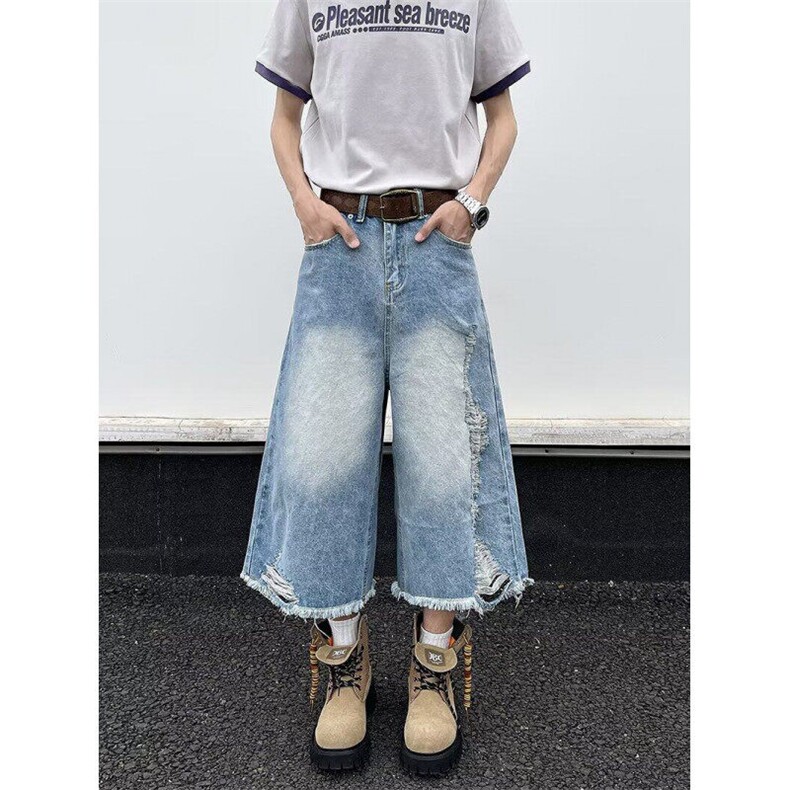 高街水洗破洞七分牛仔裤男夏季宽松短裤款3165P45，男装牛仔裤，星座410-2