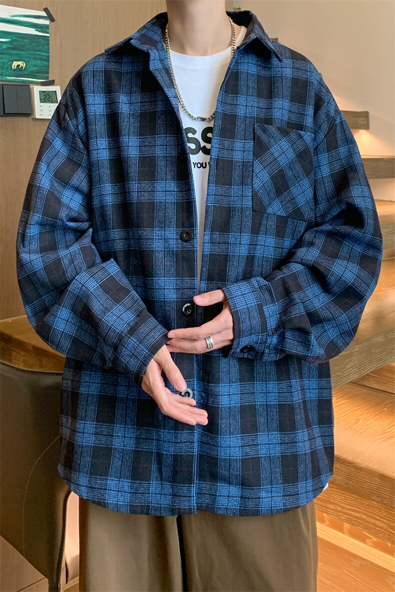 8XL-M格子衬衫男长袖秋季美式复古潮宽松衬衣外套CS516P55控78,男装衬衫,电商D206-1
