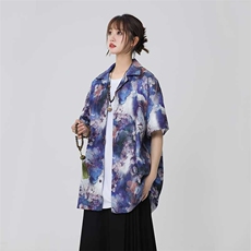 控价59扎染花衬衫水墨印花风衬衫多色宽松短袖衬衫CS890P35，男装衬衫，电商A128