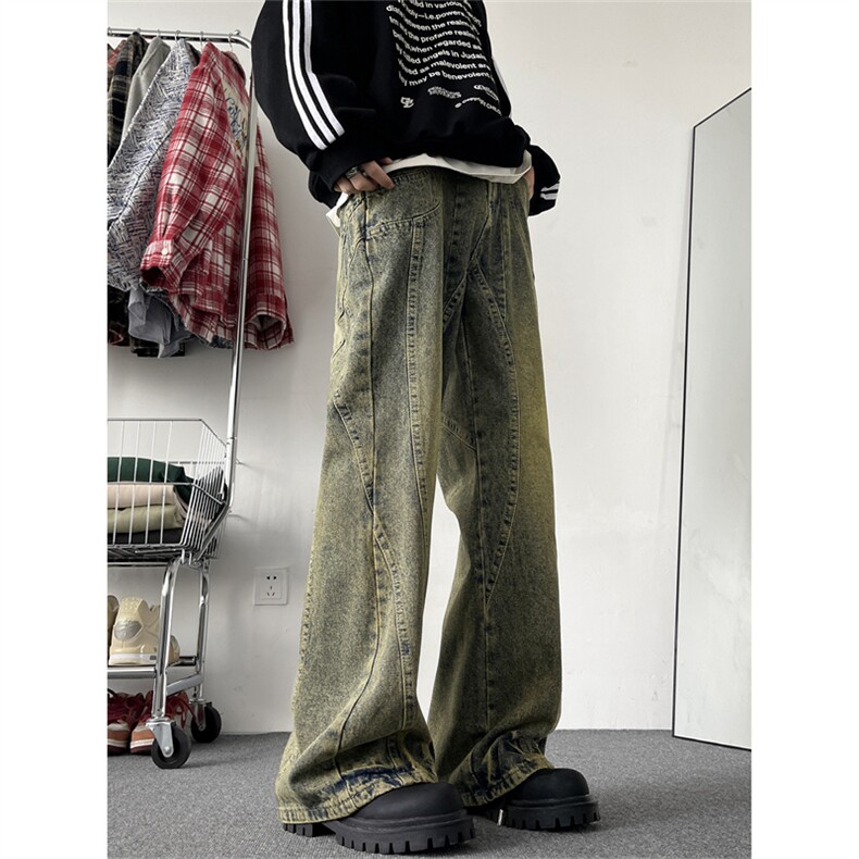 美式高街vibe直筒裤黄泥染牛仔裤男潮ins阔腿微喇长裤N00331-p60图片