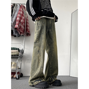 美式高街vibe直筒裤黄泥染牛仔裤男潮ins阔腿微喇长裤N00331-p60图片
