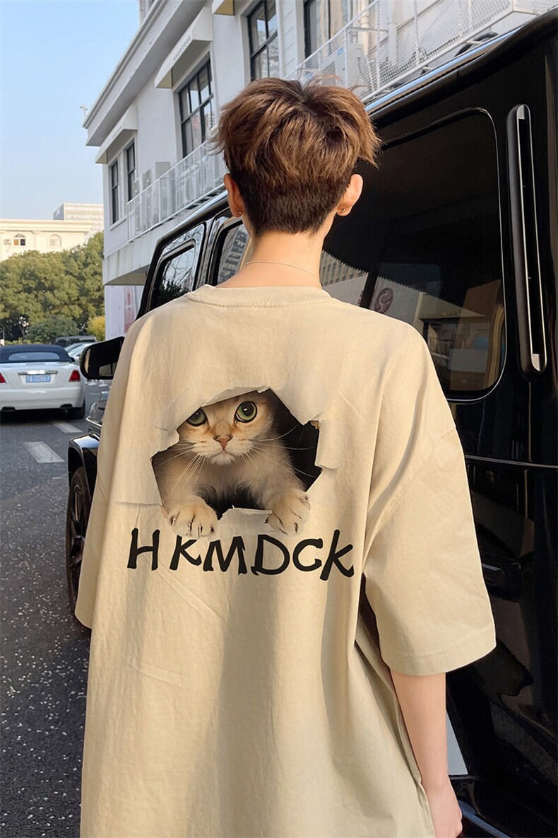 图案已注册夏季后背猫咪宽松短袖T恤男潮重磅半袖体恤衫D117/P25,男装T恤,电商B209