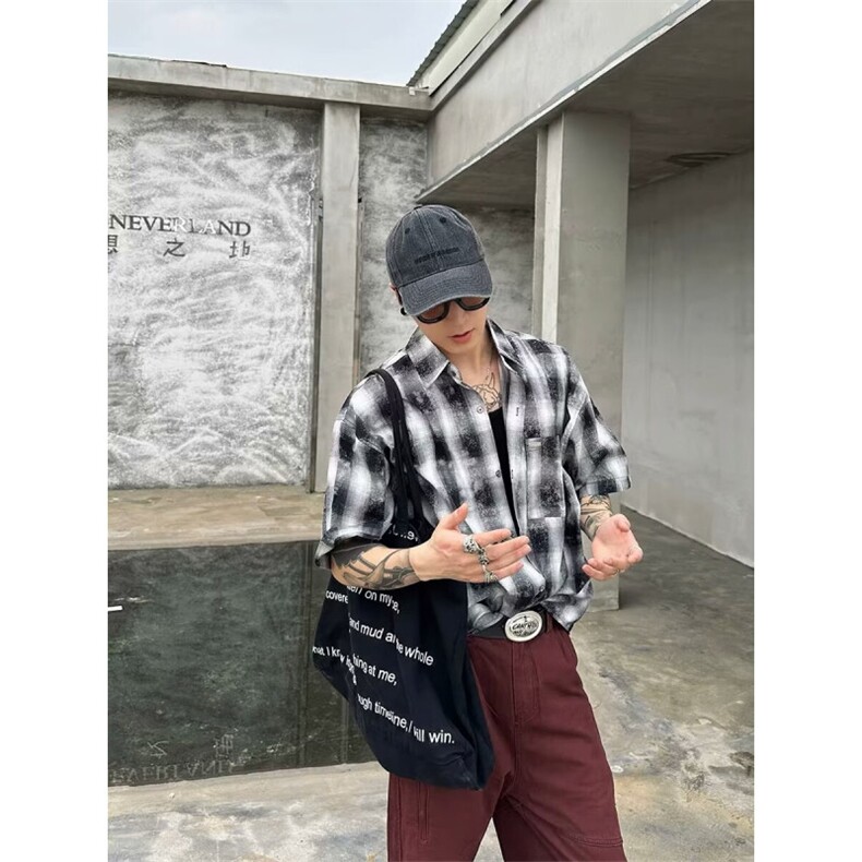格子短袖衬衫男夏季日系复古休闲五分袖衬衣外套C5009,男装衬衫,星座1116A（原606A-3）