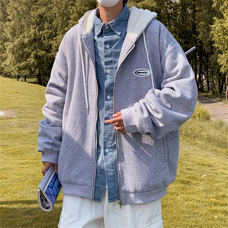 WY6113J/加绒P75连帽卫衣男宽松外套男上衣羊羔毛加厚加绒卫衣,男装卫衣,电商A141