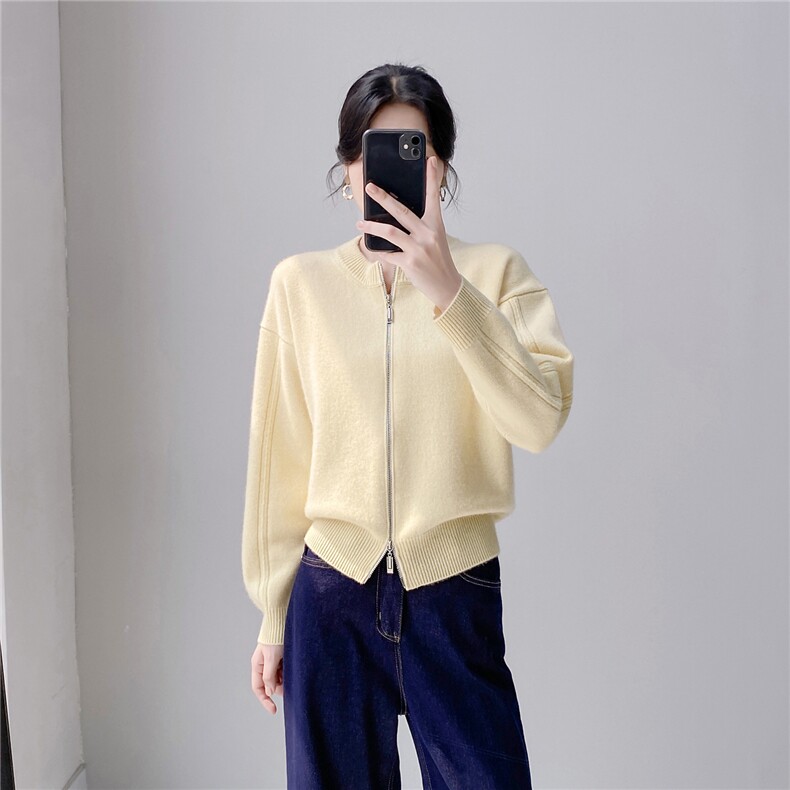 HE|轻奢简约系baby山羊绒针织开衫女圆领双拉链毛衣宽松外套，女装针织衫/毛衣，织纯羊绒