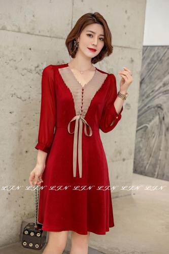 飘带拼接醋酸料连衣裙，女装连衣裙，莲佳妮