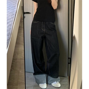 复古宽松休闲牛仔裤男春季水洗高街翻边拖地大阔腿长裤N931
