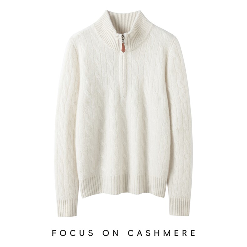 HE|捞抡风复古加厚半拉链baby山羊绒衫女半高领宽松针织衫毛衣，女装羊绒衫，缇曼羊绒