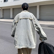 复古毛边做洞牛仔外套男春秋宽松休闲ins工装夹克上衣潮W5629-P57，男装工装外套，星座412-3
