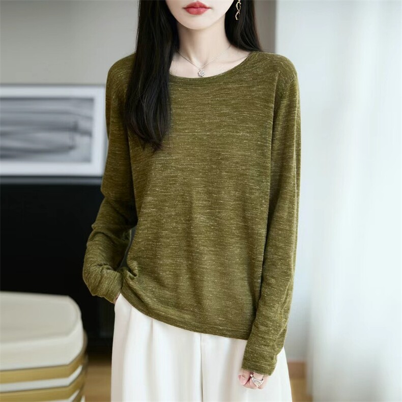 2025年秋季新款彩麻空转圆领针织长袖时尚通勤百搭，女装针织衫/毛衣，朝思羊绒