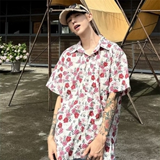 夏季新款美式复古慵懒风满印短袖衬衫设计感半袖衬衣男CS166-p45，男装T恤，星座1008