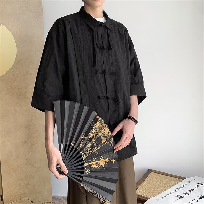 夏季新中式复古唐装衬衫男女生宽松盘扣短袖风衬衣男CT666-p45,男装衬衫,星座1008