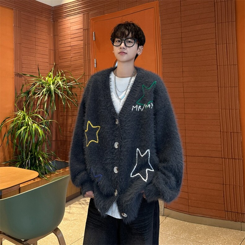 HY9867-P60秋冬季美式复古星星绣花开衫毛衣男潮流百搭上衣外套,男装针织衫/毛衣,电商C233