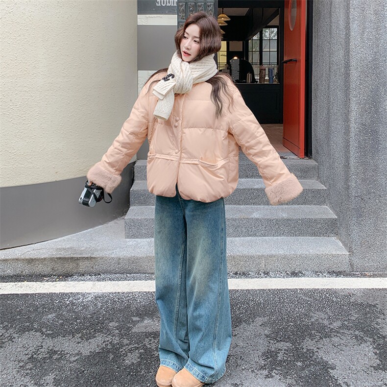 毛毛撞色拼接奶呼呼国风羽绒服女2025冬季新款加厚保暖小个子外套,女装羽绒服,2C255