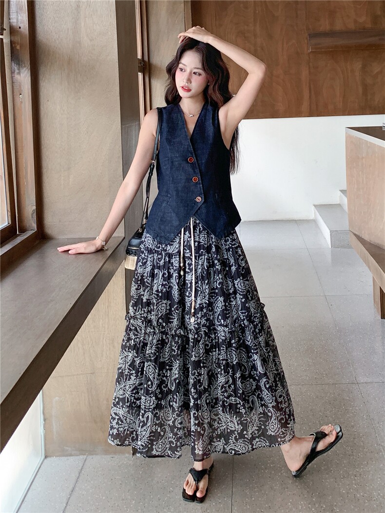 《26夏上新》水洗薄牛仔收腰马甲+波西米亚半裙两件套裙子女,女装套装/套裙,苗苗