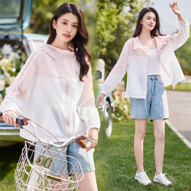【现货】连帽撞色防晒衣服女2024夏装薄款休闲宽松工装夹克外套,女装短外套,梦懿尔
