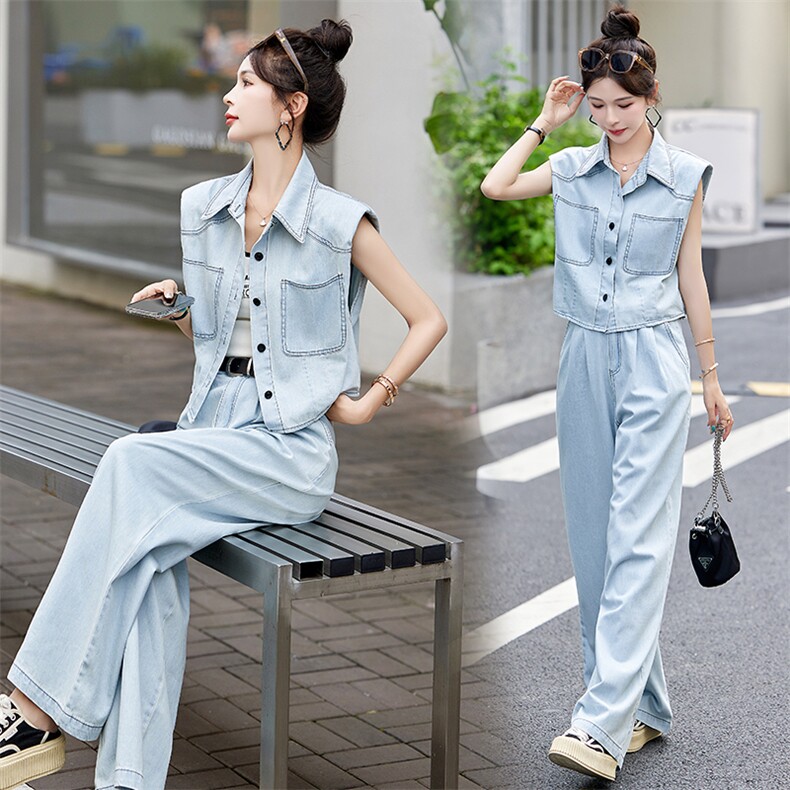 港风无袖牛仔套装女2025夏装新款时尚小个子休闲马甲阔腿裤两件套,女装套装/套裙,众宇琦