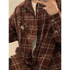 潮牌情侣美式复古徽章LOGO格子衬衫男长袖衬衣外套CS51，男装衬衫，星座1116A（原606A-3）