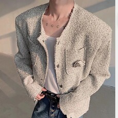 玫瑰胸针小香风白色外套男潮流感痞帅美式无领垫肩抗皱防风夹克，男装夹克，星座715-4
