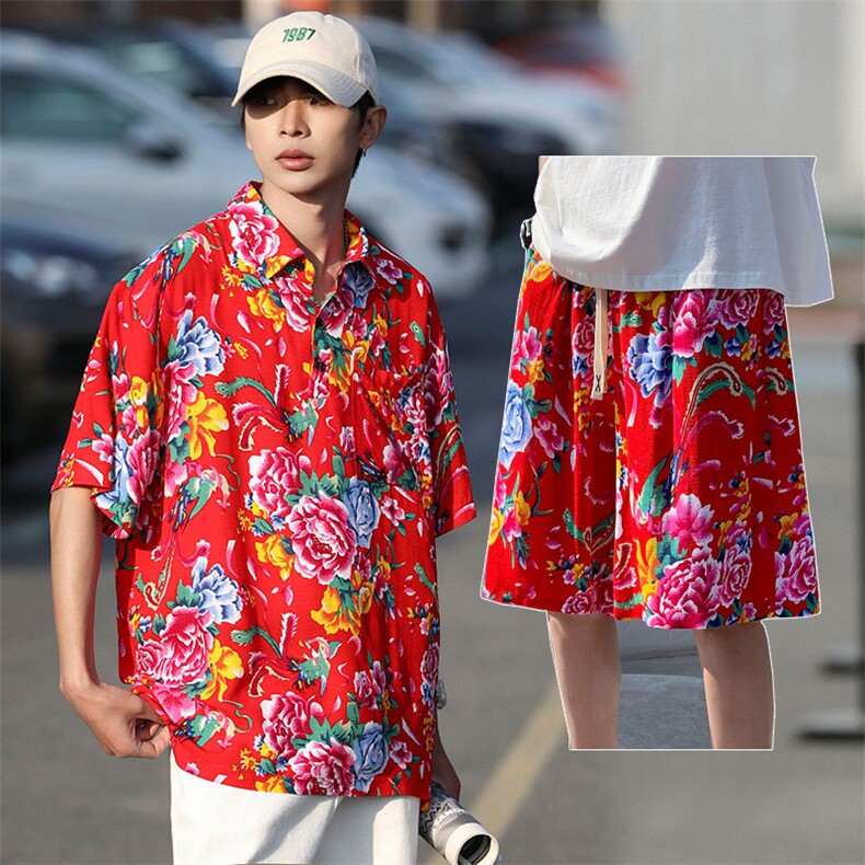 TZP风东北大花汉服套装polo衫短裤大码花TEE套装团队服休闲装，男装Polo衫，星座115A(原星座507）