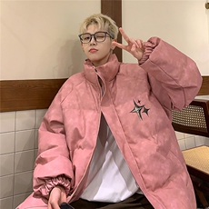 港风PU皮复古做旧可拆卸四芒星胸针设计棉衣男MY77721P128控168，男装棉衣，星座227-7