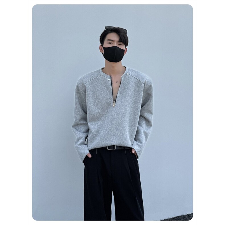 半拉链解构小众设计感花灰色垫肩卫衣男,男装卫衣,星座410-7