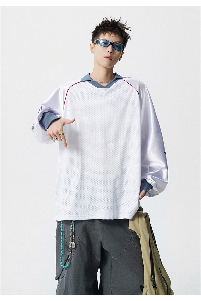 可二开美式POLO衫大码M-5XL拼接V领球衣长袖T恤男CX78111P45控69,男装Polo衫,星座227-7