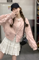 粉色国风亮片刺绣棒球服外套女春秋新款高级感甜酷风休闲夹克上衣，女装短外套，2C087