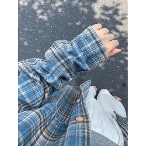 法式蓝色格子磨毛长袖衬衫女春秋宽松oversize原宿风休闲百搭衬衣图片