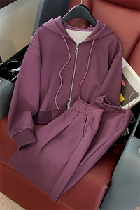 女秋韩版时尚拉链连帽开衫卫衣阔腿裤套装图片